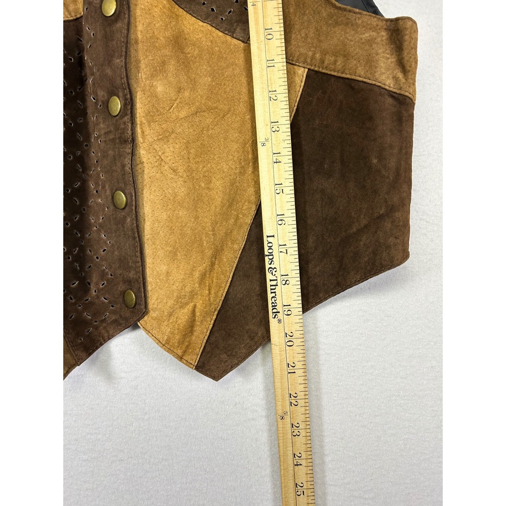Western Boho Vintage Unbranded Women M/L Brown Patchwork Suede Leather Vest Snap - Picture 7 of 8